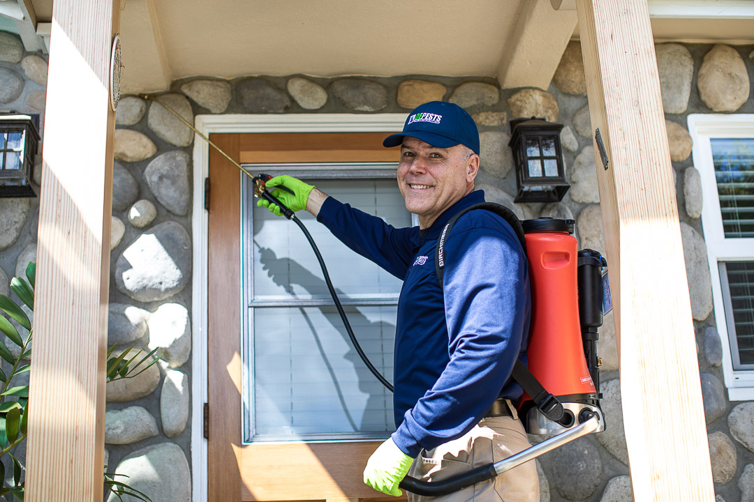 DePests technician treating door frame and entry points for cockroach control
